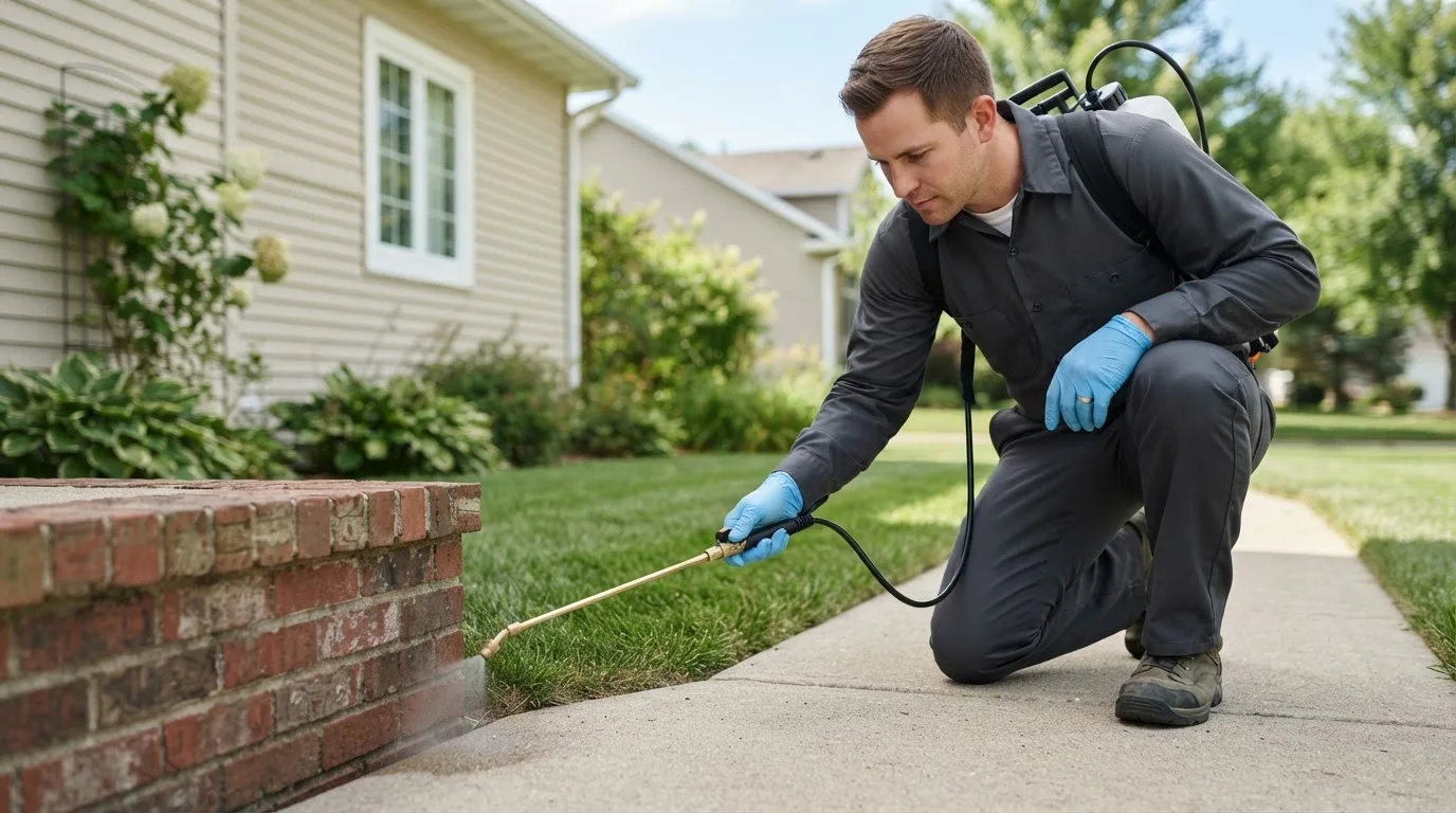 Pest control technician treating a home near Corydon, IA