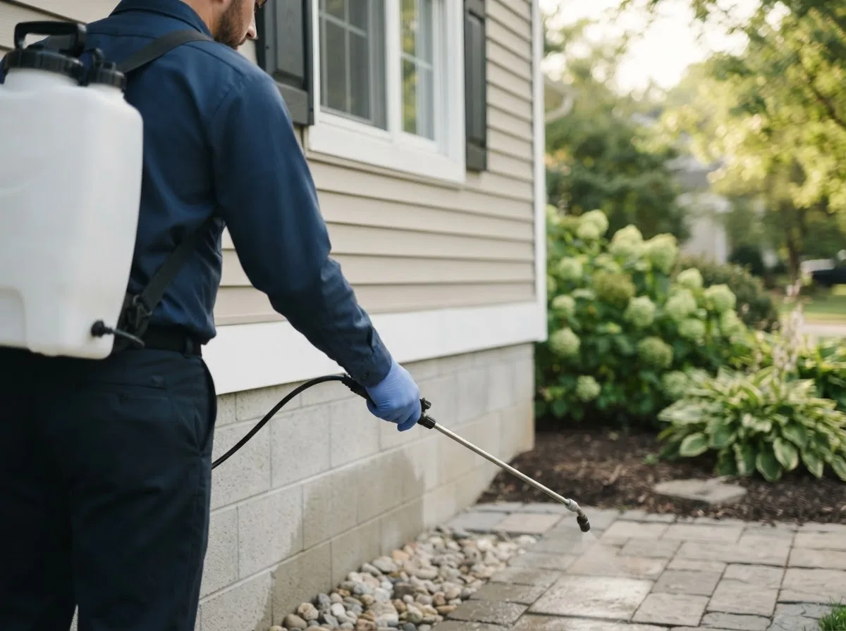 Pest control technician inspecting a home in Corydon, IA